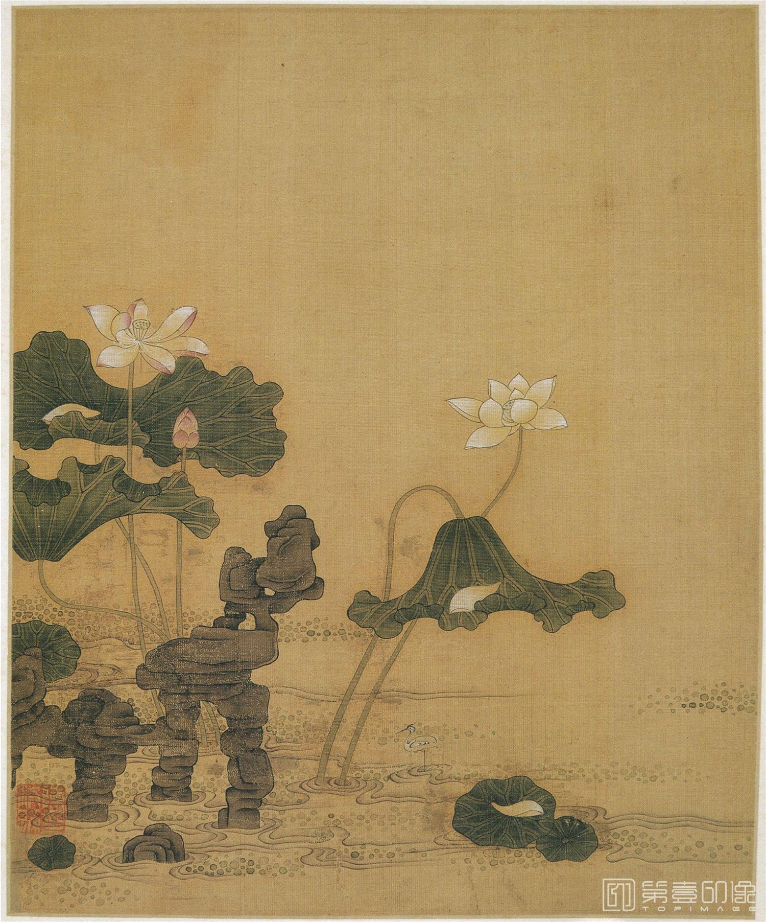 中国画 模写 陳洪綬［蓮の花と水鳥］絹本　肉筆 箱無し！ 花鸟精品册-005-陈洪绶(陈老莲)-国画作品-第壹印像